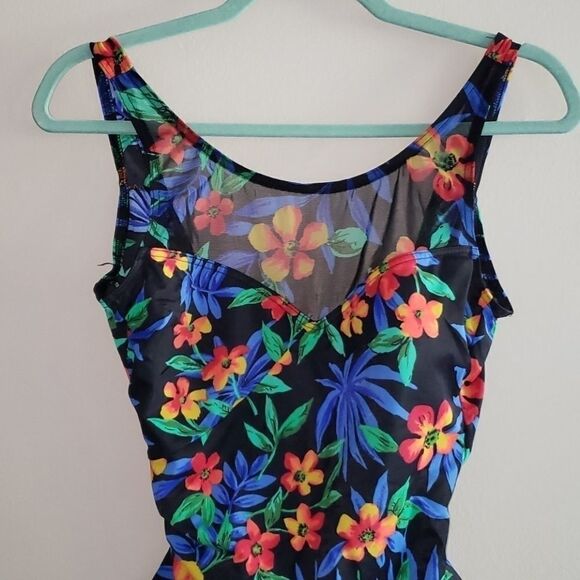 VINTAGE Floral Print bathing suit with Sheer Neckline - Picture 3 of 5
